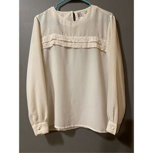 Kathy Che White Vintage Pearl Floral Lace Long Sleeve Buttons Size 12